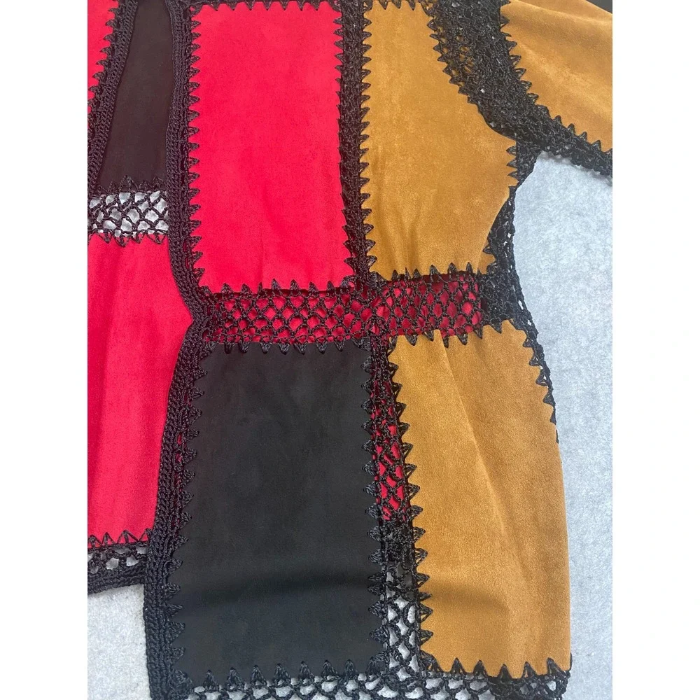 T&W‎ Designs Patchwork Crochet Faux Suede Open Front Cardigan Red Tan Black M/L
